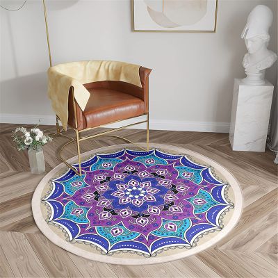 Chickwin Round Mandala Rug, Non-Slip Plush Flannel Doormat, Royal Blue, 100 cm