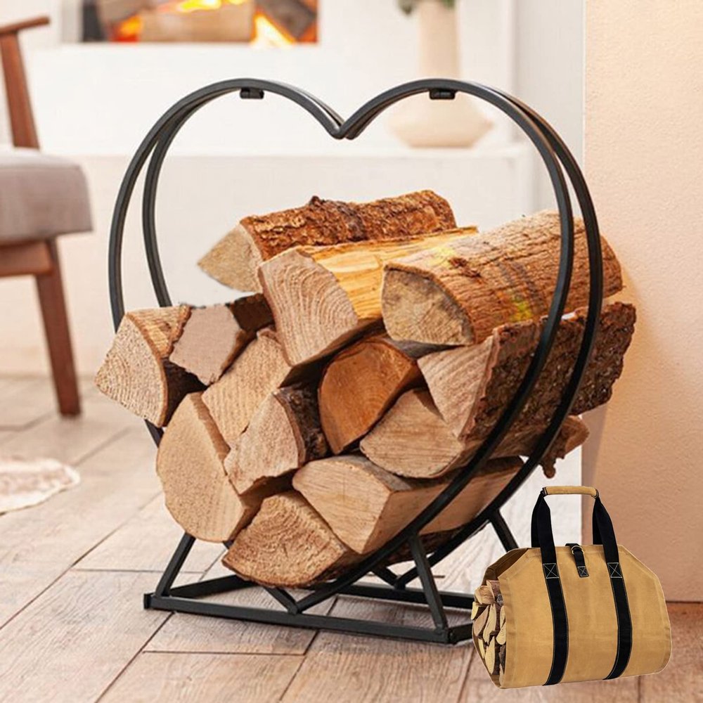 Heart-Shaped Metal Firewood Rack with Firewood Carrier, Black