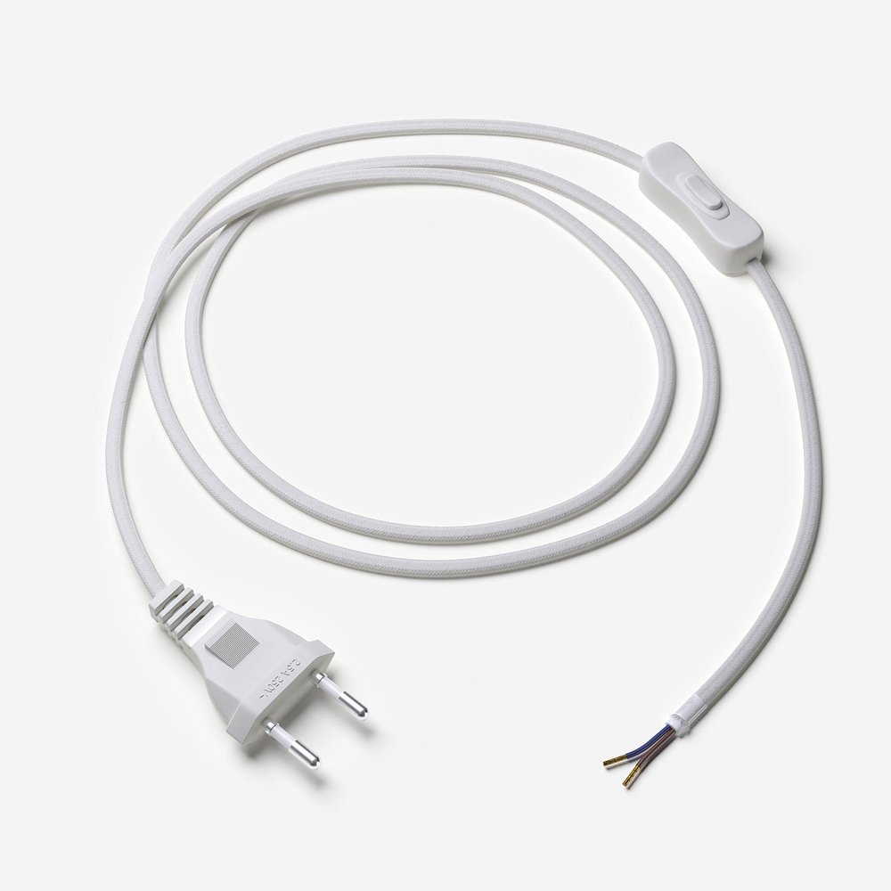 Lightstock Textile Cable Lead with Euro Plug and Switch, 250 cm, 2 x 0.75 mm, White