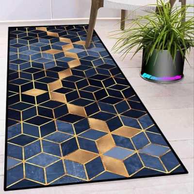 Ufamiluk Blue, Black & Beige Geometric Runner Rug, Non-Slip, Washable, Water- and Weather-Resistant, 35.4 x 149.6 in