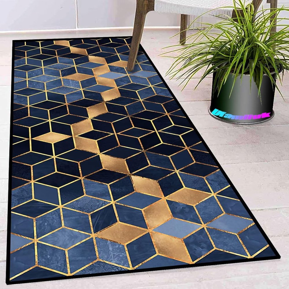 Ufamiluk Blue, Black & Beige Geometric Runner Rug, Non-Slip, Washable, Water- and Weather-Resistant, 35.4 x 149.6 in