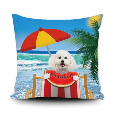 Bichon Frise Dog Eating Watermelon at the Beach Pillow Cover, Happy Summer Beach Palm, 50.8 x 50.8 cm