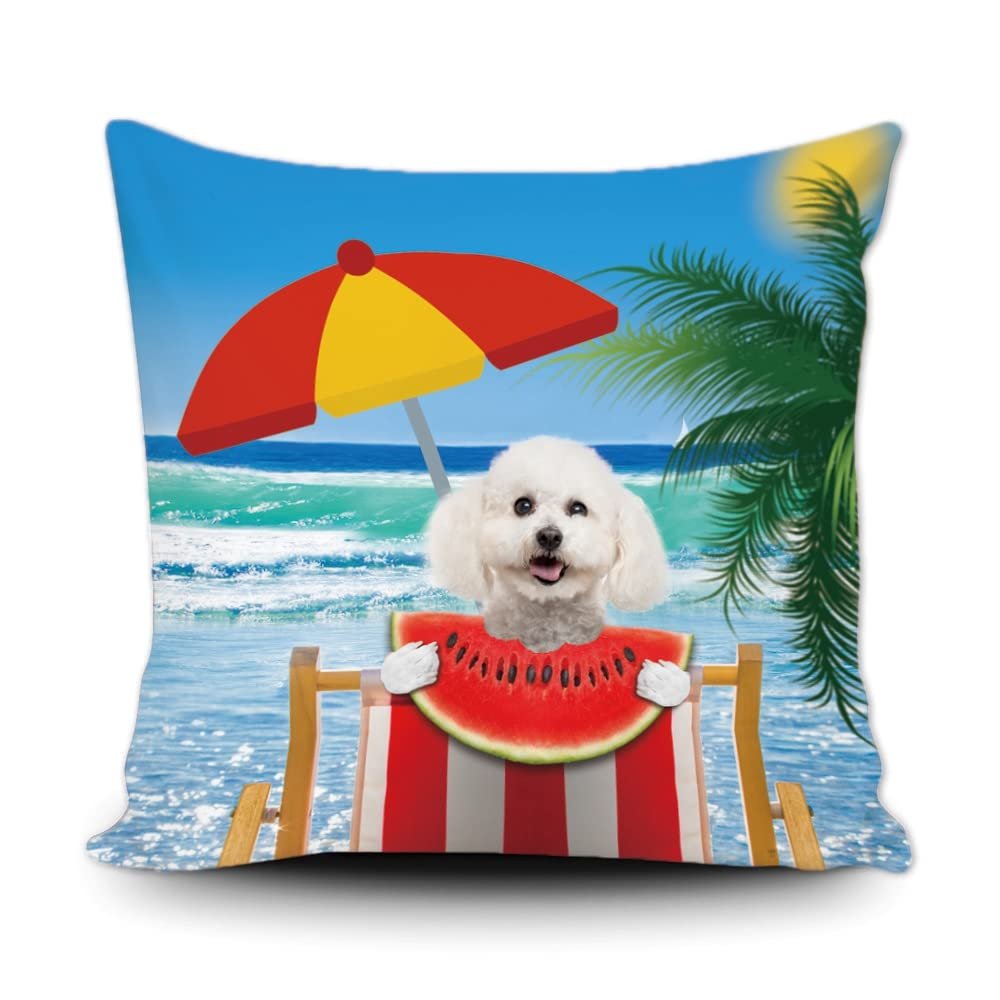 Bichon Frise Dog Eating Watermelon at the Beach Pillow Cover, Happy Summer Beach Palm, 50.8 x 50.8 cm