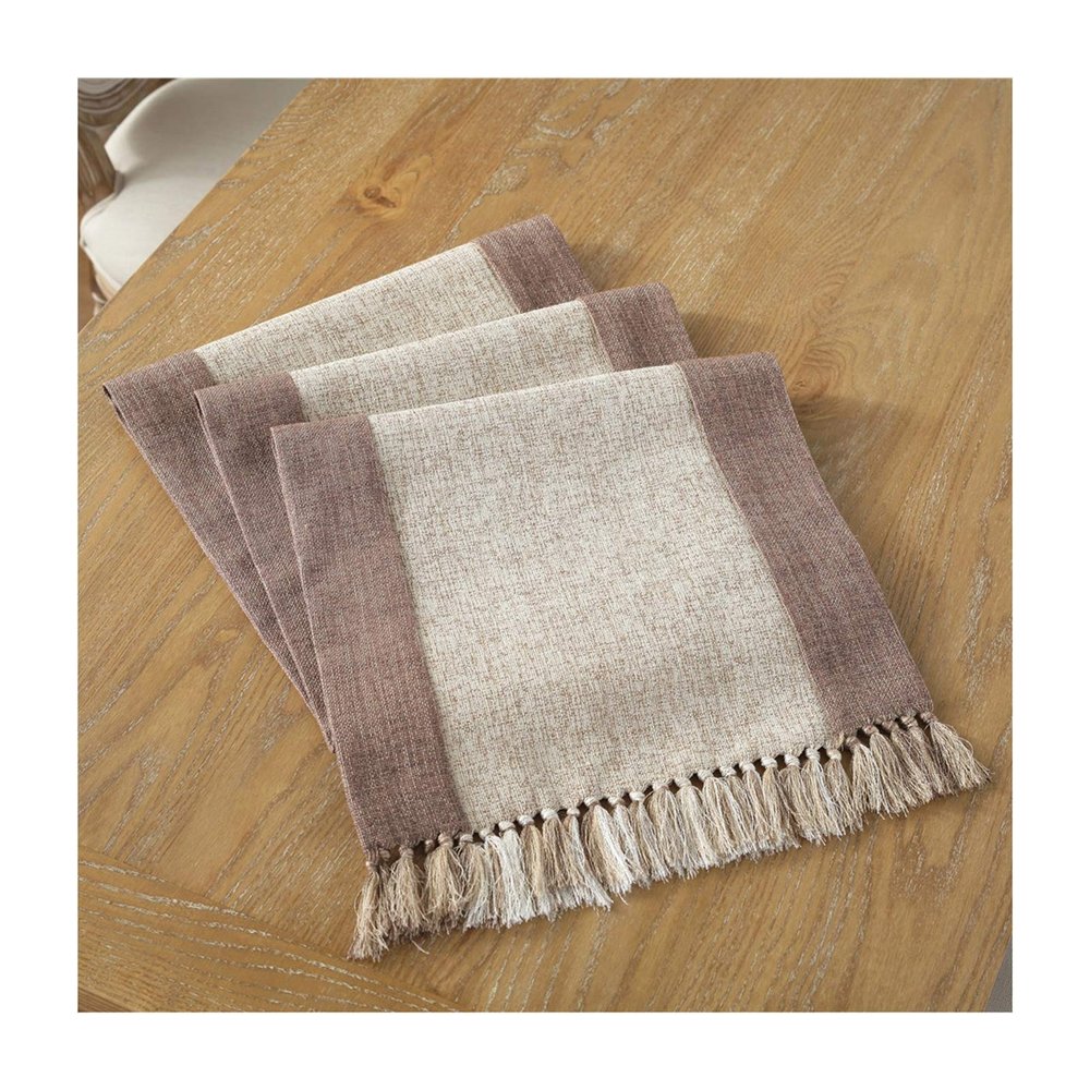 EHOMERY Beige Cotton Linen Table Runner with Tassels, 38 x 220 cm