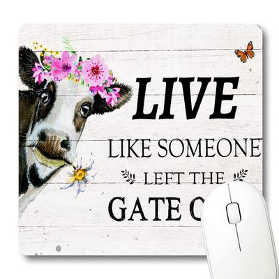 Wknoon Cow and Pink Flowers Mouse Pad, Rustic White Wood Design