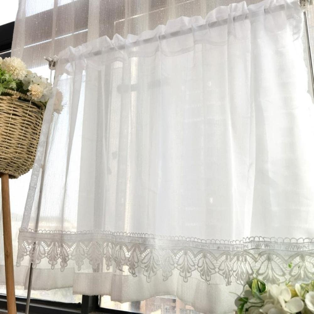 MANQILE Short Sheer Lace Curtains for Kitchen, White, 1 Panel