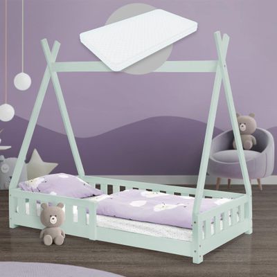 ML-Design Tipi Children's Bed 80 x 160 cm, Mint, with Mattress, Fall Protection and Slatted Base
