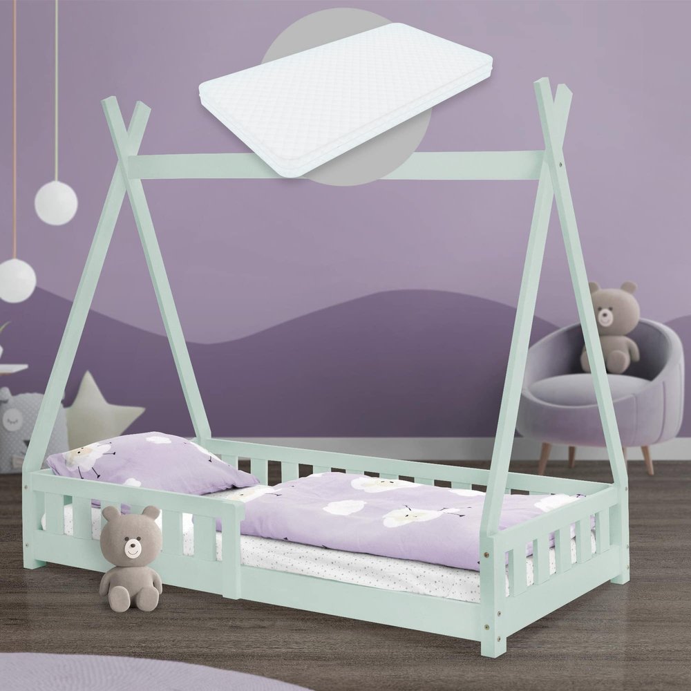 ML-Design Tipi Children's Bed 80 x 160 cm, Mint, with Mattress, Fall Protection and Slatted Base