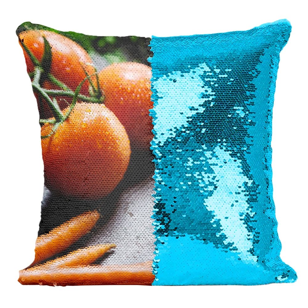 Fabulous Sequin Pillowcase, Turquoise Bunch of Tomatoes with Orange and White Carrots