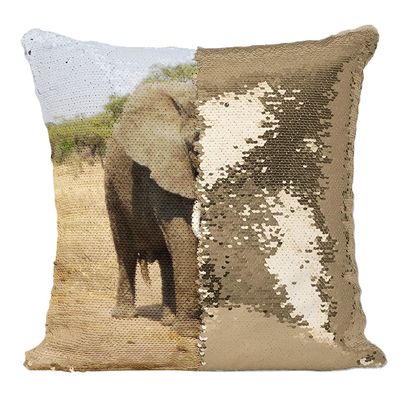 Fabulous Sequin Pillow Cover, Gold African Elephant Savannah Wildlife Photo