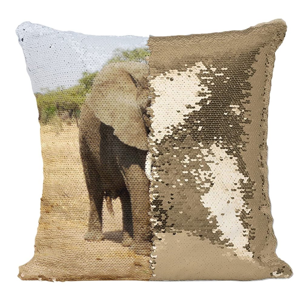 Fabulous Sequin Pillow Cover, Gold African Elephant Savannah Wildlife Photo