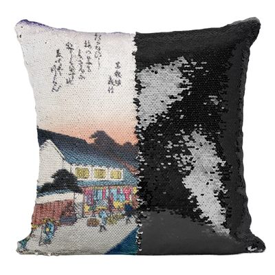 Fabulous Black Sequin Cushion Cover, Japanese Print, 13 Village Shopping Street, Delicate Original Vintage Art