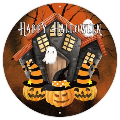 Halloween Door Sign, Spooky House and Ghost Castle, Metal Wall Decor, 9 x 9 in