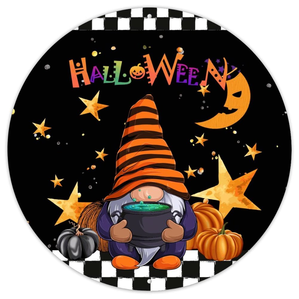 Black and White Checkered Star Gnome Metal Halloween Hanger