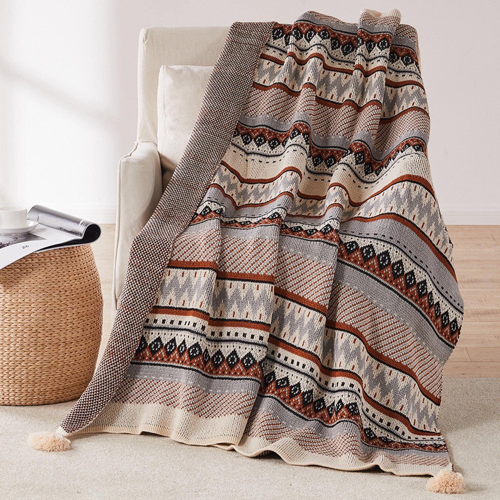 Knitted Tassel Throw Blanket, Soft Lightweight Acrylic, Bohemian Style, 150 x 200 cm, Style 8