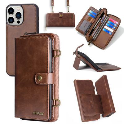 SINQERISHT iPhone 11 Pro Max 3-in-1 Wallet Case with Lanyard, Zipper and Card Slots, Brown