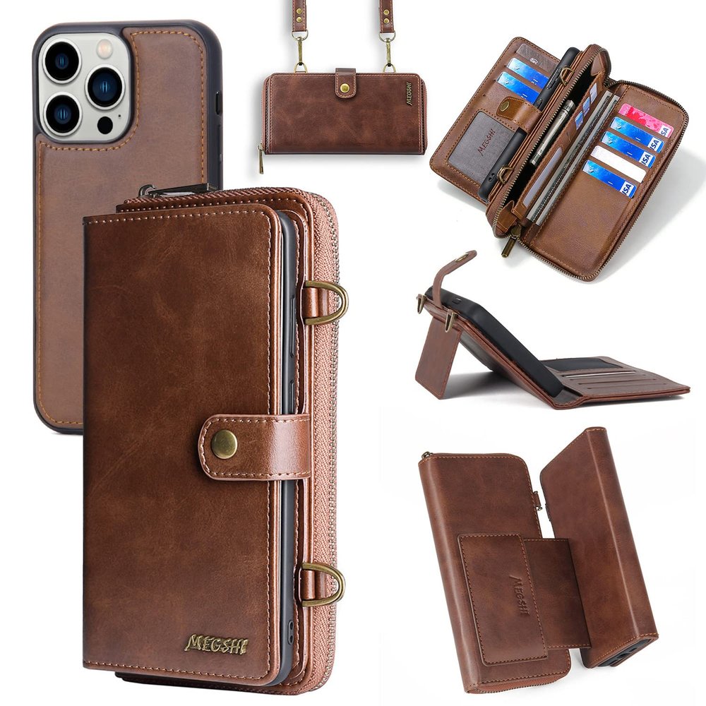 SINQERISHT iPhone 11 Pro Max 3-in-1 Wallet Case with Lanyard, Zipper and Card Slots, Brown