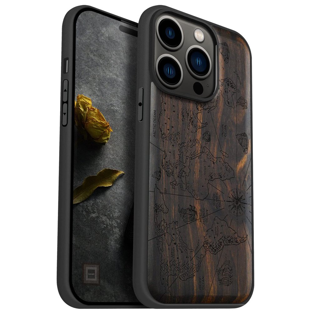 Carveit Wooden Case for iPhone 14 Pro, Dark Wood World Map