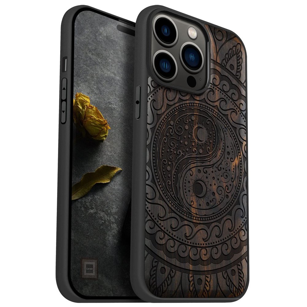 Carveit Wooden Case for iPhone 14 Pro Max, Dark Wood Yin Yang Paisley