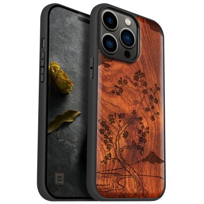 Carveit Wooden Case for iPhone 14 Pro Max, Plum Cherry Blossom Fuji