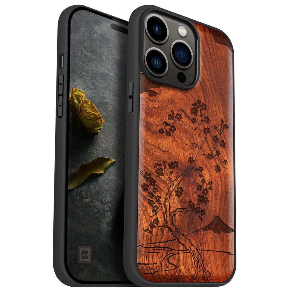 Carveit Wooden Case for iPhone 14 Pro Max, Plum Cherry Blossom Fuji