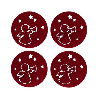 Oblique Unique Felt Coasters, 4-Pack, 10 cm, Angel or Fir Tree, Wine Red, Round