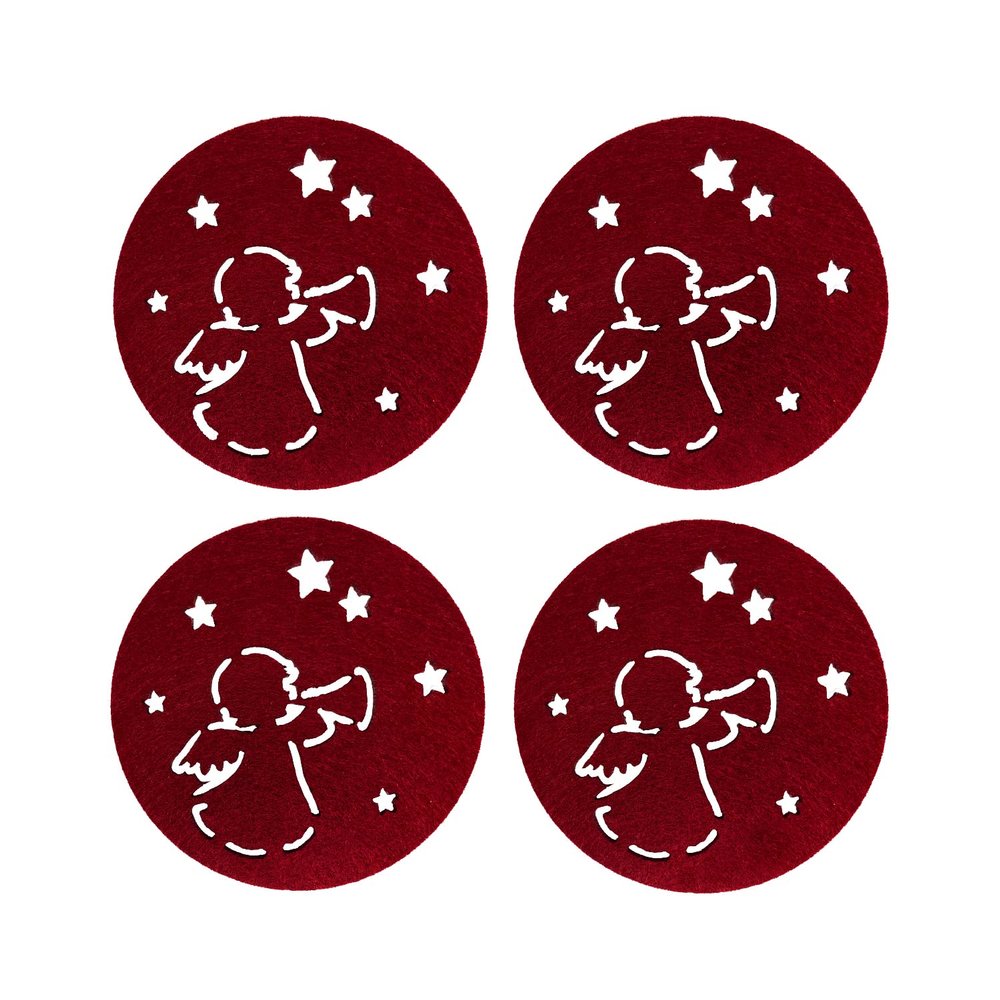 Oblique Unique Felt Coasters, 4-Pack, 10 cm, Angel or Fir Tree, Wine Red, Round