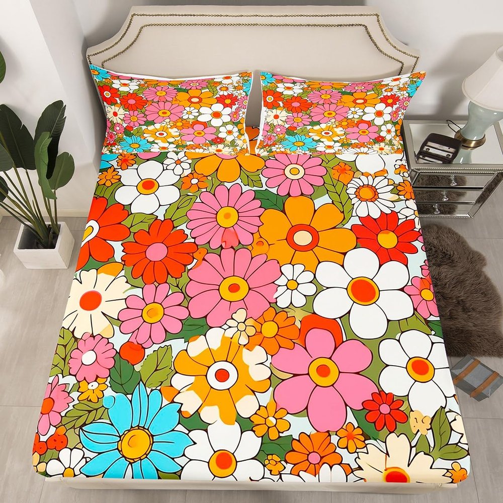 Groovy Flower Boho Bedding Set for Kids, Retro Floral Microfiber