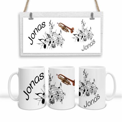 Personalized Musician Mug – Coffee Mug with Sheet Music, Trumpet and Name (Black and White)