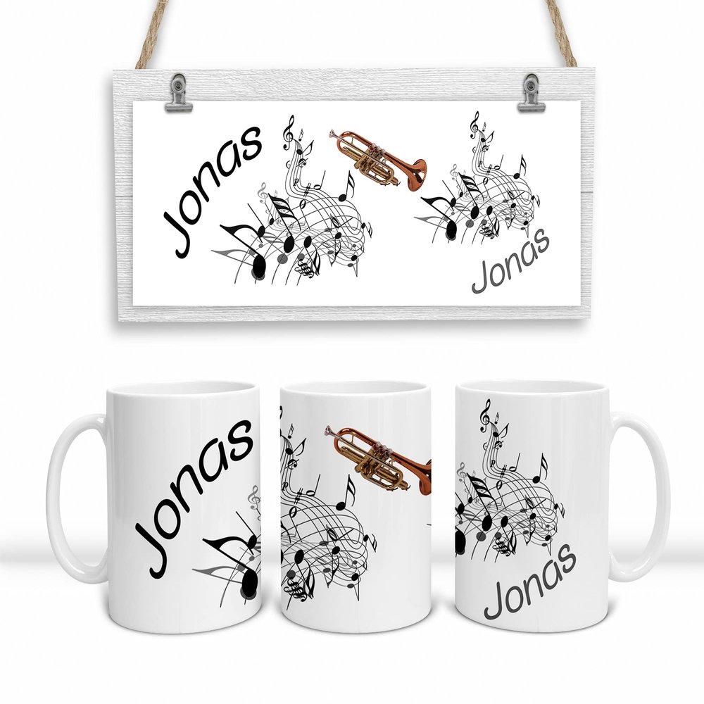 Personalized Musician Mug – Coffee Mug with Sheet Music, Trumpet and Name (Black and White)