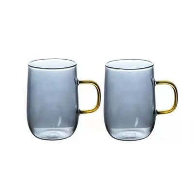 Clear Lead-Free Glass Coffee Cups, 2-Piece Set, Smoke Gray, with Handles, 300 ml