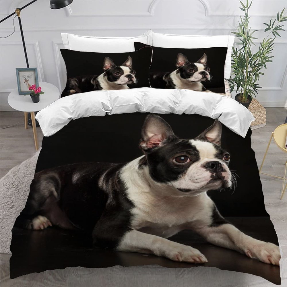 VASENA Boston Terrier Bedding Set, 200 x 200 cm, 3-Piece Microfiber