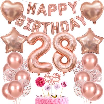 28th Birthday Cake Decorations for Women, Rose Gold Balloon Gift Set