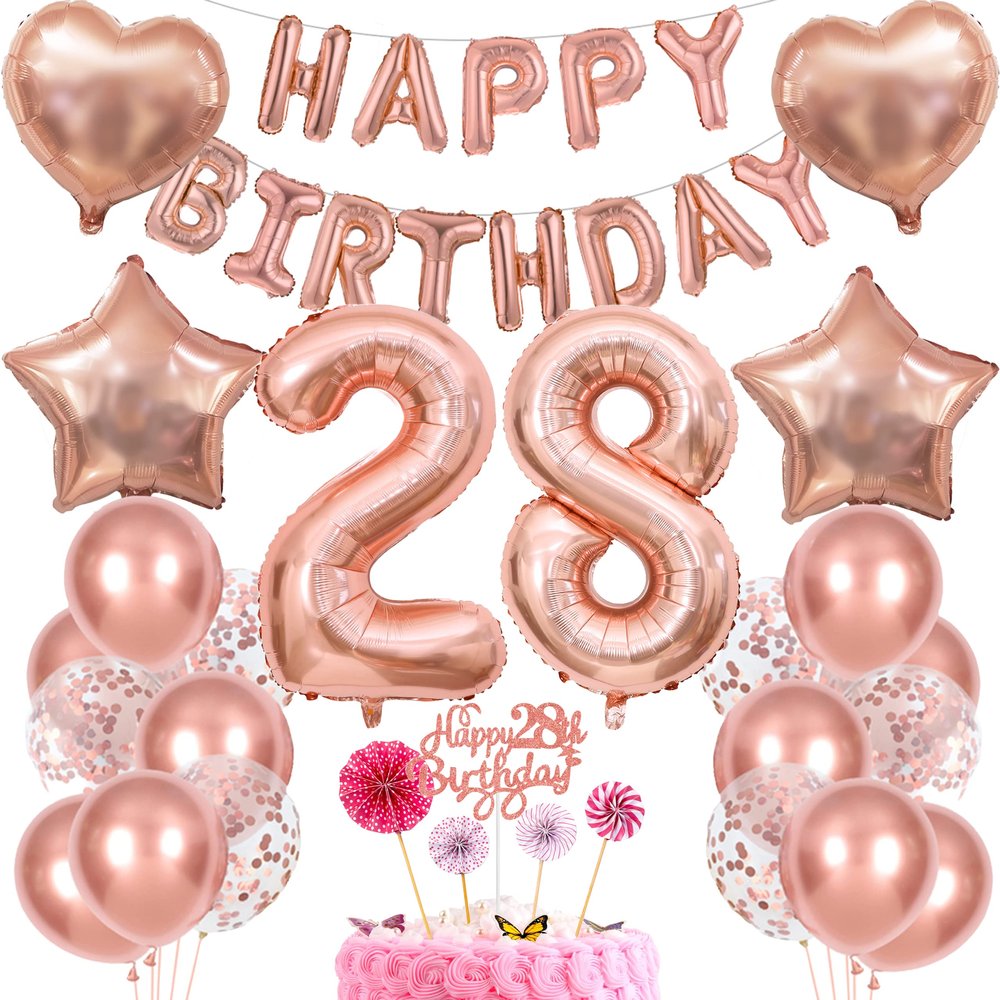 28th Birthday Cake Decorations for Women, Rose Gold Balloon Gift Set
