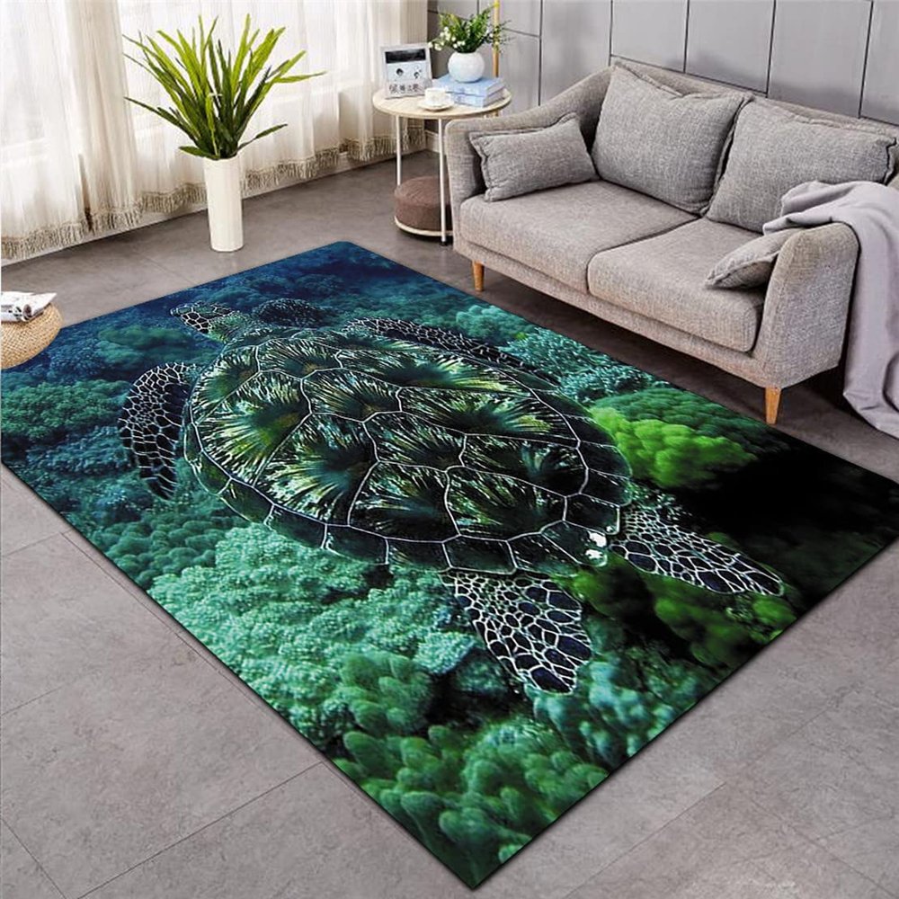 3D Sea Turtle Rug for Kitchen, Bathroom, Entryway, Living Room or Bedroom, Blue Ocean Underwater Animal Pattern, Non-Slip Flannel Carpet, Pattern 4, 120 x 160 cm
