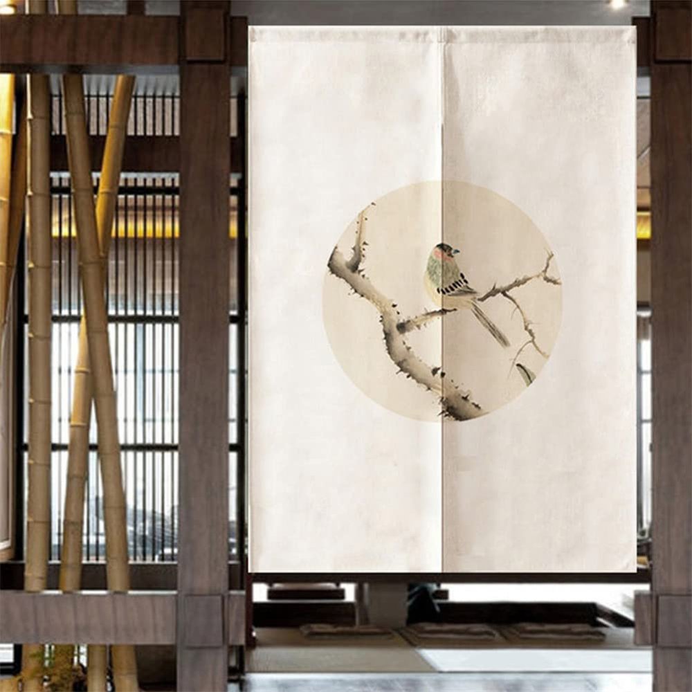 Odot Japanese Noren Doorway Curtain, Khaki Bird, 75 x 150 cm
