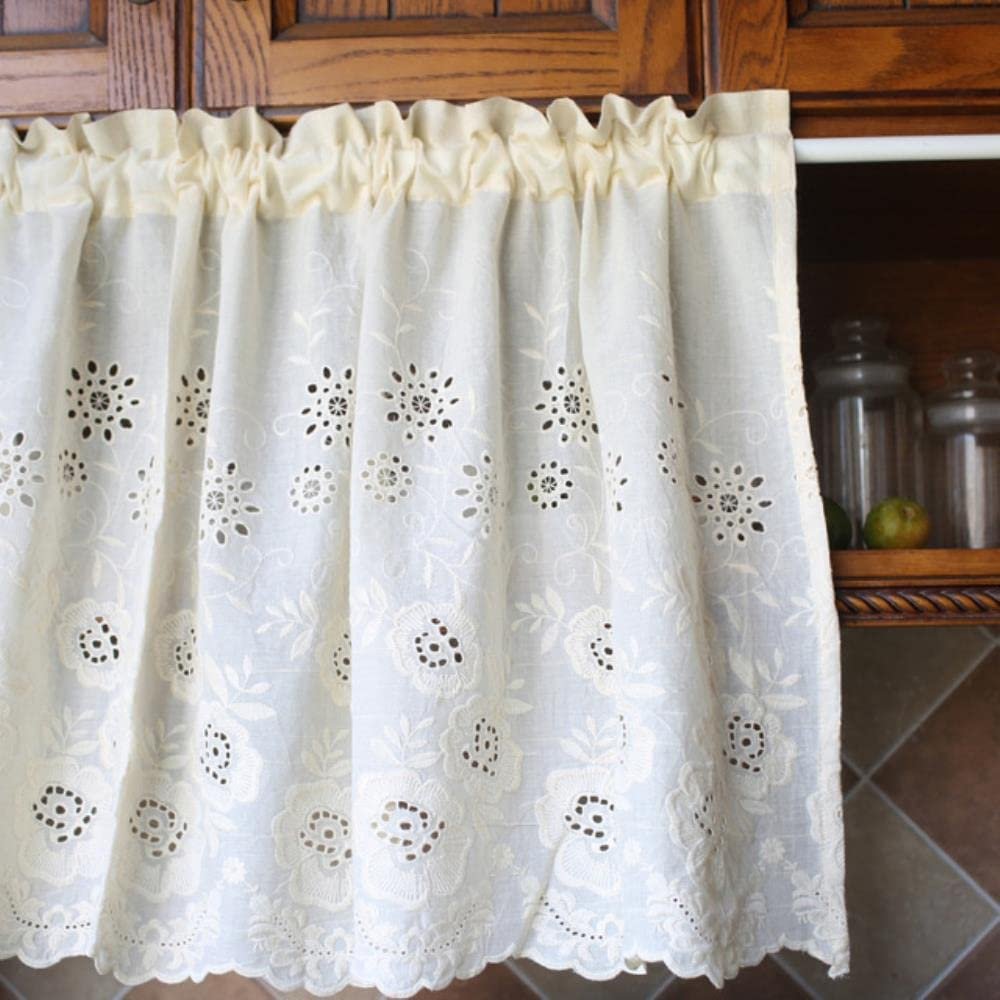 MANQILE Beige Cotton Half Curtain, 59 x 24 in, Floral Embroidered Café Curtain