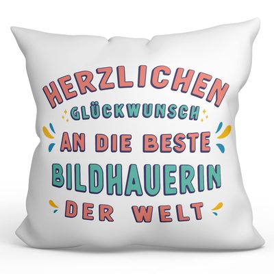 Mugffins Filled Cushion for a Female Sculptor – “Congratulations, You’re the Best” – 40 x 40 cm