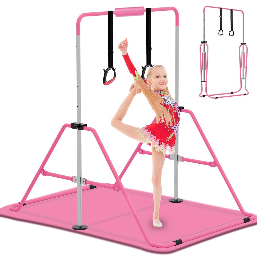 EVERYMILE Height-Adjustable Foldable Gymnastics Bar Set with Mat, Pad & Rings