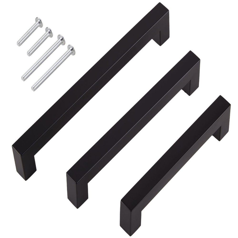 Stahlia 5-Pack Matte Black Stainless Steel Cabinet Handles, 224 mm Hole Spacing, 15 x 15 mm Profile, with Screws