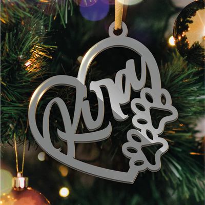 Personalized Gloss Gray Heart & Paw Print Christmas Tree Ornament