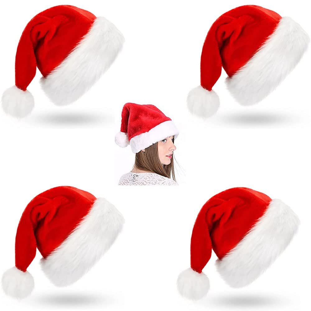 Ktnyl 4-Pack Red Velvet Santa Hats for Adults and Kids