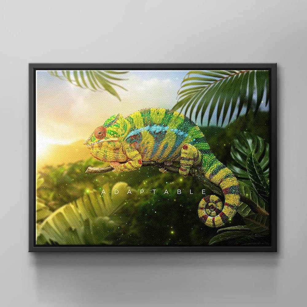 DotComCanvas Motivational Jungle Chameleon Wall Art, Green/Blue/Red “BE ADOPTABLE” English Version, 40 × 30 cm, Black