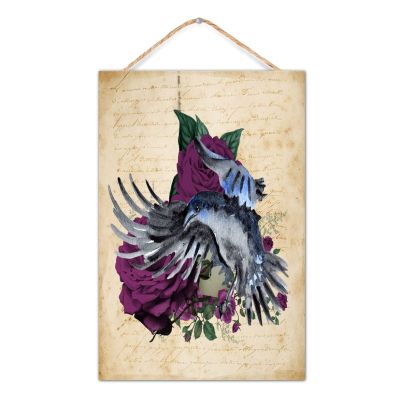 Skull, Skeleton and Crow with Rose Farmhouse Wall Decor, Wooden Sign, 20.3 x 30.5 cm