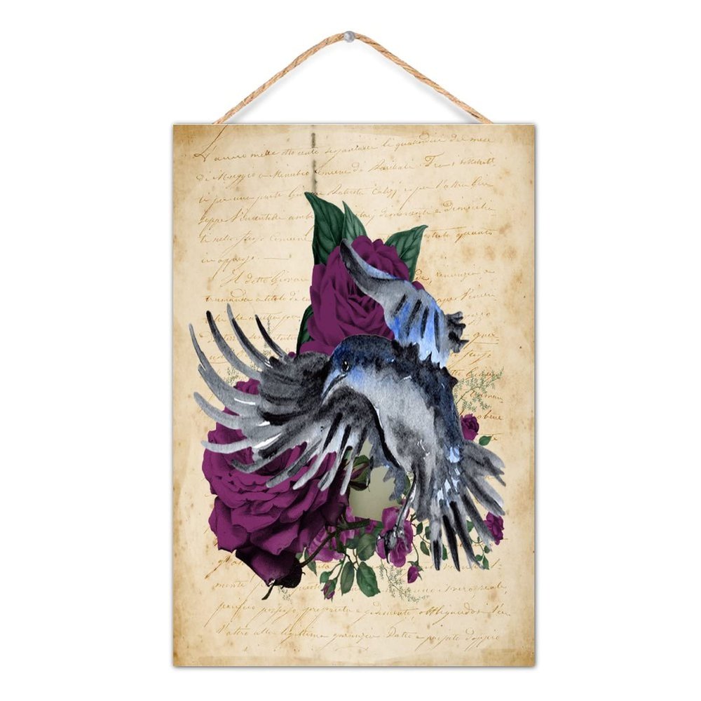Skull, Skeleton and Crow with Rose Farmhouse Wall Decor, Wooden Sign, 20.3 x 30.5 cm