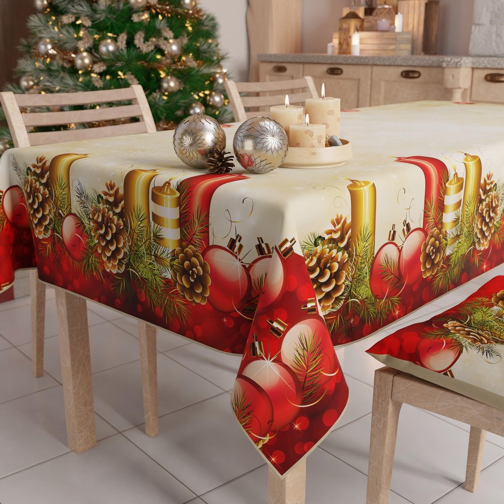 PETTI Artigiani Italiani Christmas Tablecloth, Stain-Resistant, Candle Design, 140 x 360 cm