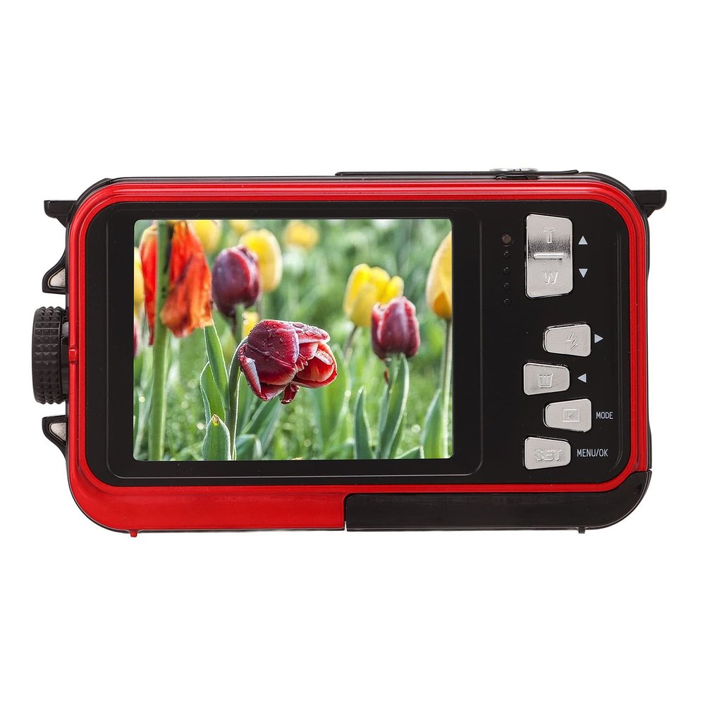 Tonysa Full HD Digital Camera, Waterproof Underwater Camera, 2.7K 48MP Video Selfie Camcorder with 16x Zoom, Front and Rear Dual LCD Screens (Red)