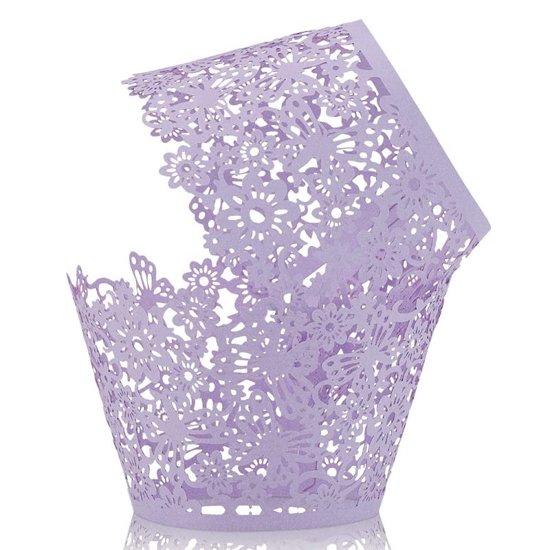KOSTOO Cupcake Wrappers, 50-Pack, Lace-Style Laser-Cut Cupcake Liners, Light Purple