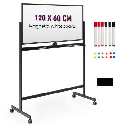GIANTEX 120 x 60 cm Double-Sided Magnetic Whiteboard on Casters, 360° Rotatable and Height-Adjustable, with 6 Markers, 12 Magnets and 1 Eraser, for Office, Home and School (Black)
