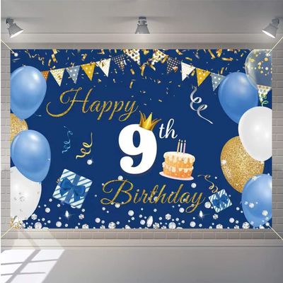 9th Birthday Decorations for Boys and Girls, Rose Gold Happy 9th Birthday Fabric Banner